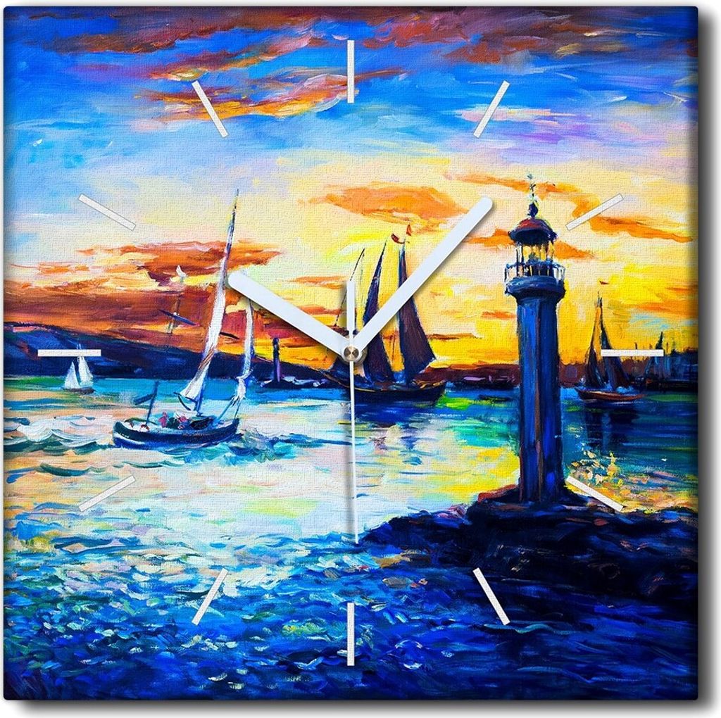 Coloray Uhr auf Leinwand 30x30 cm Wand Uhr Dekoration Wohnzimmer Segeltuch weiße Zeiger -Leuchtturmboot