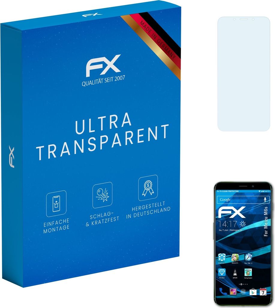 atFoliX FX-Clear 3x Schutzfolie kompatibel mit Meizu M6s Displayschutzfolie