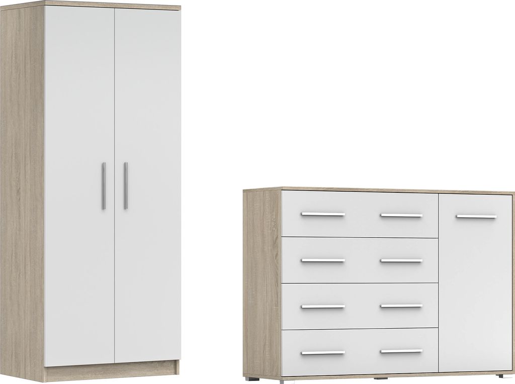 2er-Set Schwebetürenschrank Schrank Kleiderschrank ohne Spiegel 80 cm OMEGA 2D mit Kommode FRIDA 135 1D4S Sonoma/Weiss