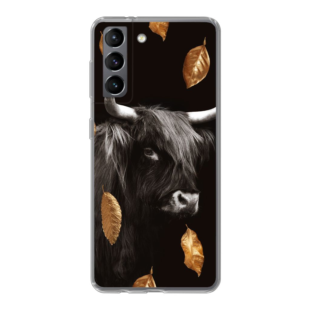 MuchoWow Handyhülle Schutzhülle Hülle für Samsung Galaxy S21 Schottischer Highlander - Blätter - Gold - Schwarz Silikon Softcase Handy Hüll...