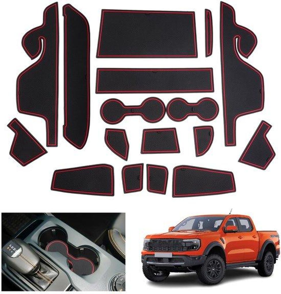 Ford Ranger T9 Elektronische Rem Antislipmatten, Rubberen Antislipmatten für Wildtrak, Mittenkonsol für Ford Ranger 2024, Rote Zubehörteile für...