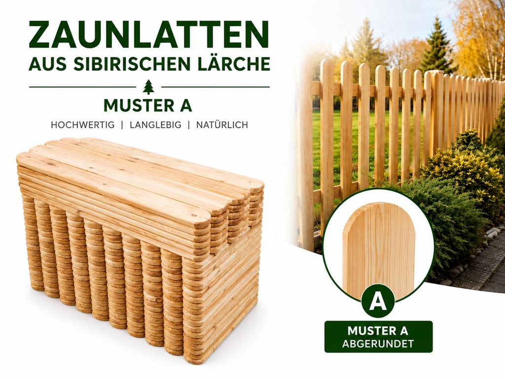 Zaunlatte 9x2x80 Sibirische Lärche 100Stück Form A Produktbild  KI-generiertes Bild