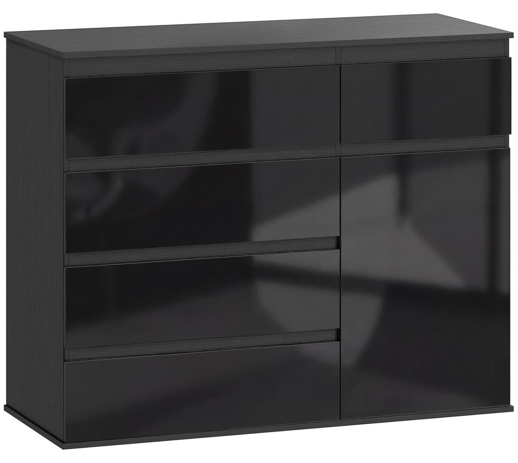 Modernes Sideboard, Stauraum-Sideboard mit 5 Schubladen, verstellbarem Regal, Soft-Close-Tür, Schwarz Hochglanz