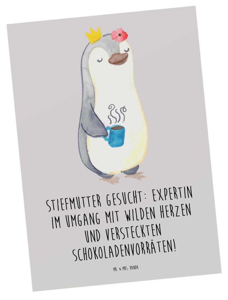 Mr. & Mrs. Panda Postkarte Stiefmutter Expertin - Grau Pastell - Geschenk, Stiefkind, Handarbeit, Liebe, Postkarten, Geduld, Herausforderungen, Gru...