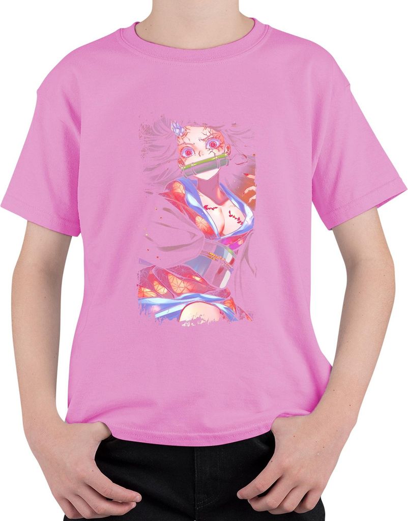 Nezuko Demon Slayer Bambusknebel rosa Augen Geschenk manga kawaii Uni Kinder T-Shirt, Pink, 116
