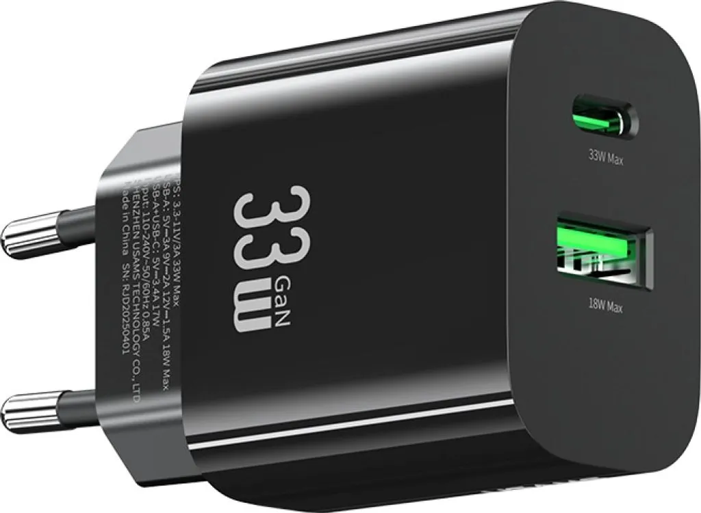 Caricabatterie Usams CC317 T65 33W: Ricarica Rapida USB-C e USB-A Nero - 4