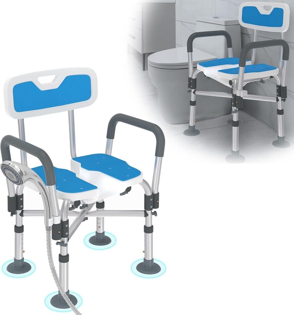 VA-Cerulean Duschhocker Duschstuhl Höhenverstellbar Badewannensitz Anti Rutsch mit Rückenlehne und Armlehne Badhocker Duschhocker für Erwachsene