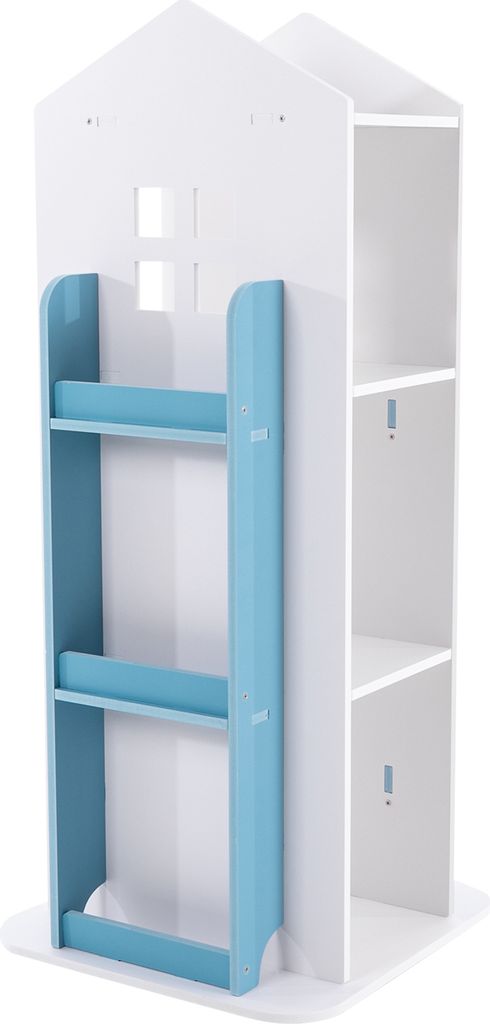 A white and blue rotating bookshelf for children.