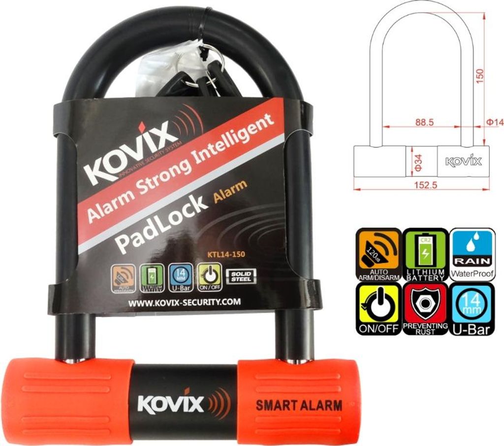 Kłódka U-Lock Z Alarmem Kovix Ktl14-150 Czarna Zdjęcie produktu 