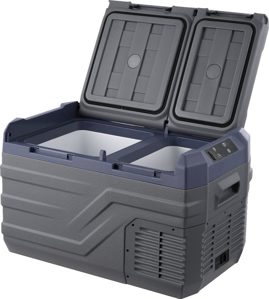 A portable dual-zone car refrigerator with its lid open.