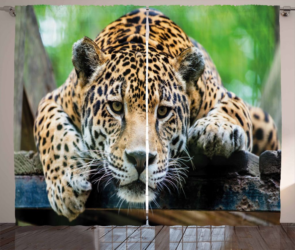 ABAKUHAUS Jaguar Rustikaler Gardine, Jaguar Wildcat Feline, Schlafzimmer Kräuselband Vorhang mit Schlaufen und Haken, 280 x 175 cm, Schwarz Orange...
