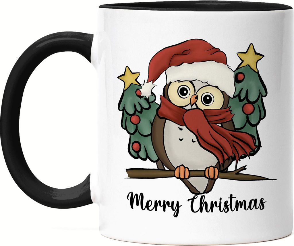 Merry Christmas Tasse Schwarz Geschenkidee Eule-Fans Süßes Motiv für Weihnachten für Familie Freunde