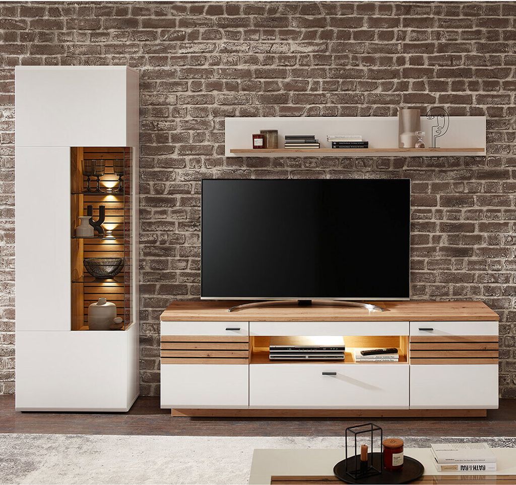 Wohnwand, weiß mit Eiche, FALLON-55, modern, 3-teilig, inkl. Beleuchtung
