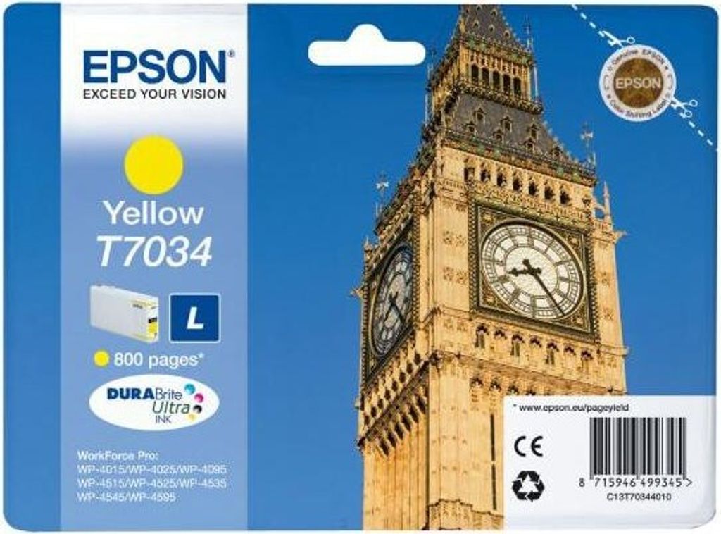 The image shows the packaging of an Epson T7034 yellow ink cartridge, with a prominent image of Big Ben in the background.