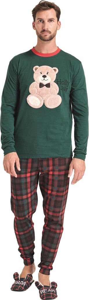 SORBETTO Herren Weihnachts-Schlafanzug / Pyjama lang, Grün mit Teddy Gr. M