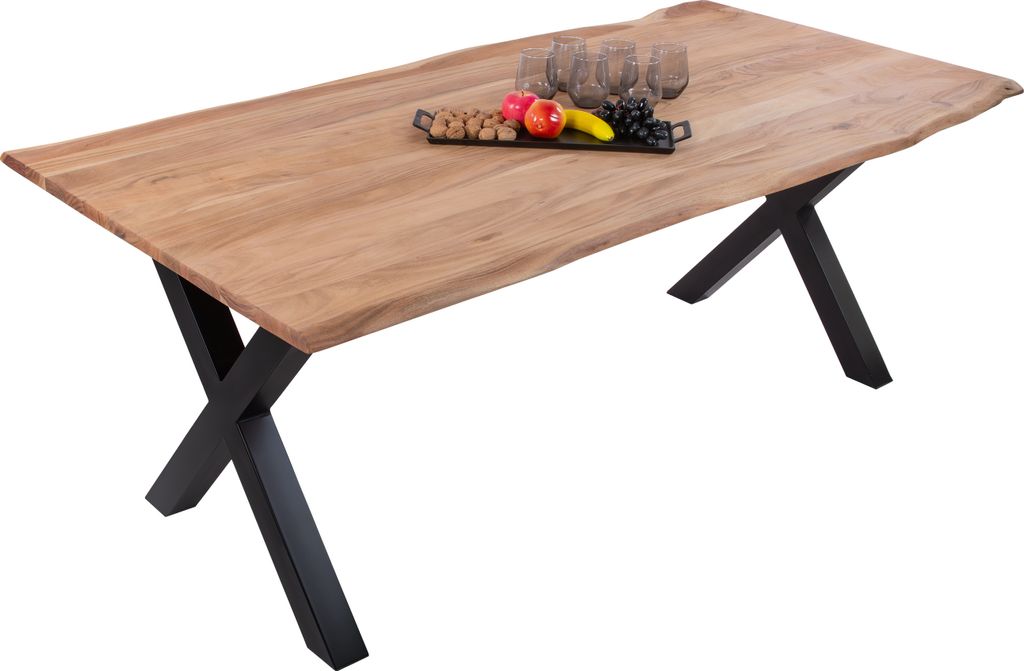 Esstisch Baumkante massiv Akazie eichefarben 120 x 80 cm X-Gestell schwarz DEREK