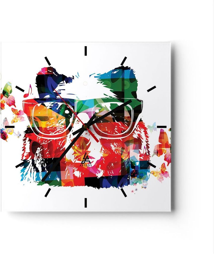 Wanduhr - Quadrat - Glasuhr - Bär Gläser Grizzly hipster - 40x40cm - Schleichendes Uhrwerk - Lautlos - zum Aufhängen bereit - Dekoration Modern ...