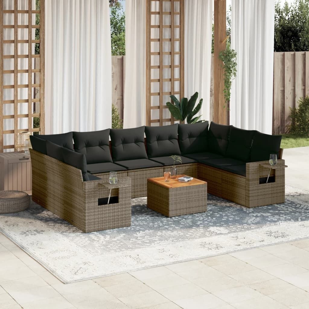 Design 10-tlg. Garten-Sofagarnitur mit Kissen Grau Poly Rattan, Gartenmöbel-Sets 2024 Neu