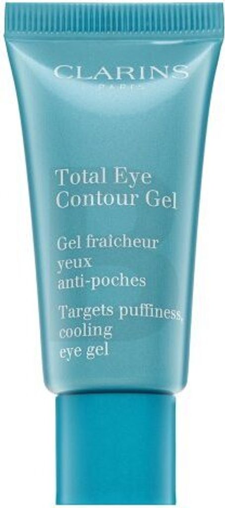 A close-up studio shot of a tube of Clarins Total Eye Contour Gel.