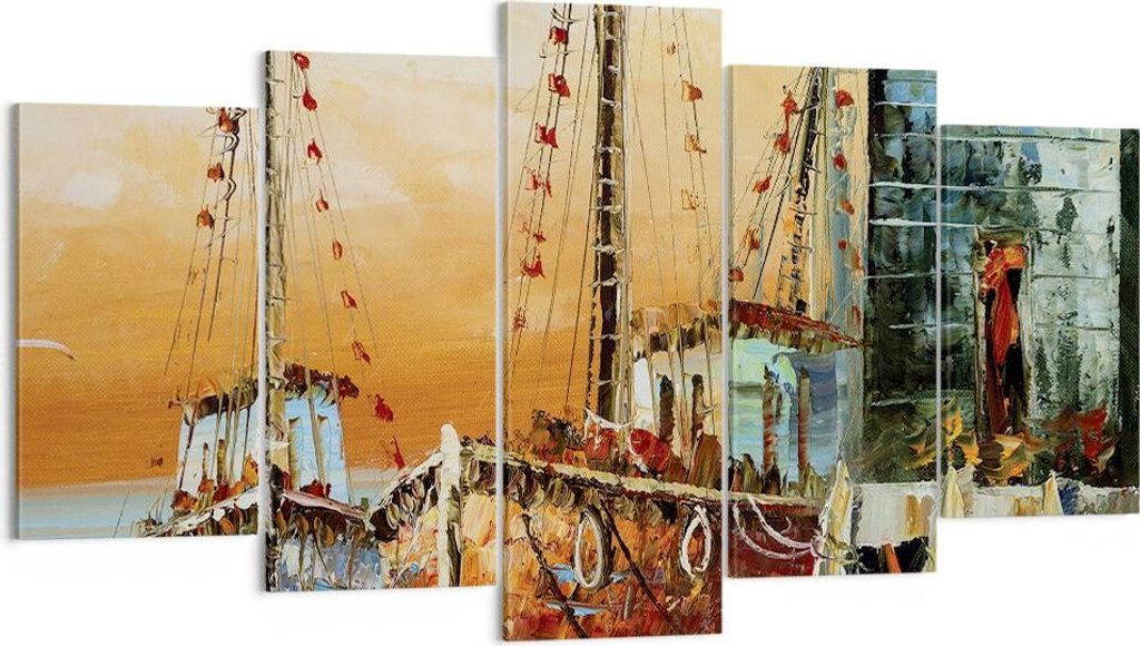 Bild auf Leinwand - Leinwandbild - 5 Teile - Kutter Hafen Öl - 160x85cm - Wand Bild - Wanddeko - Wandbilder - Leinwanddruck - Bilder - Wanddekorat...