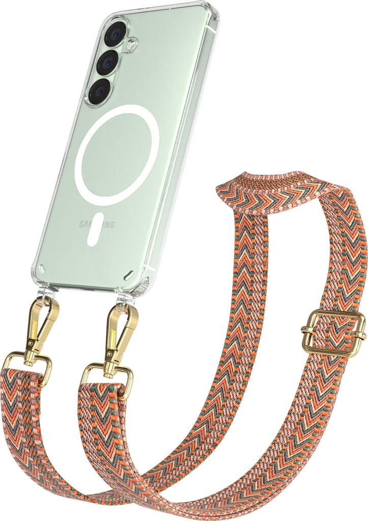 EAZY CASE - Handykette mit MagSafe Hülle für Samsung Galaxy S25, Handyband ZigZag Style,Karabiner Gold, Umhängeband in Orange