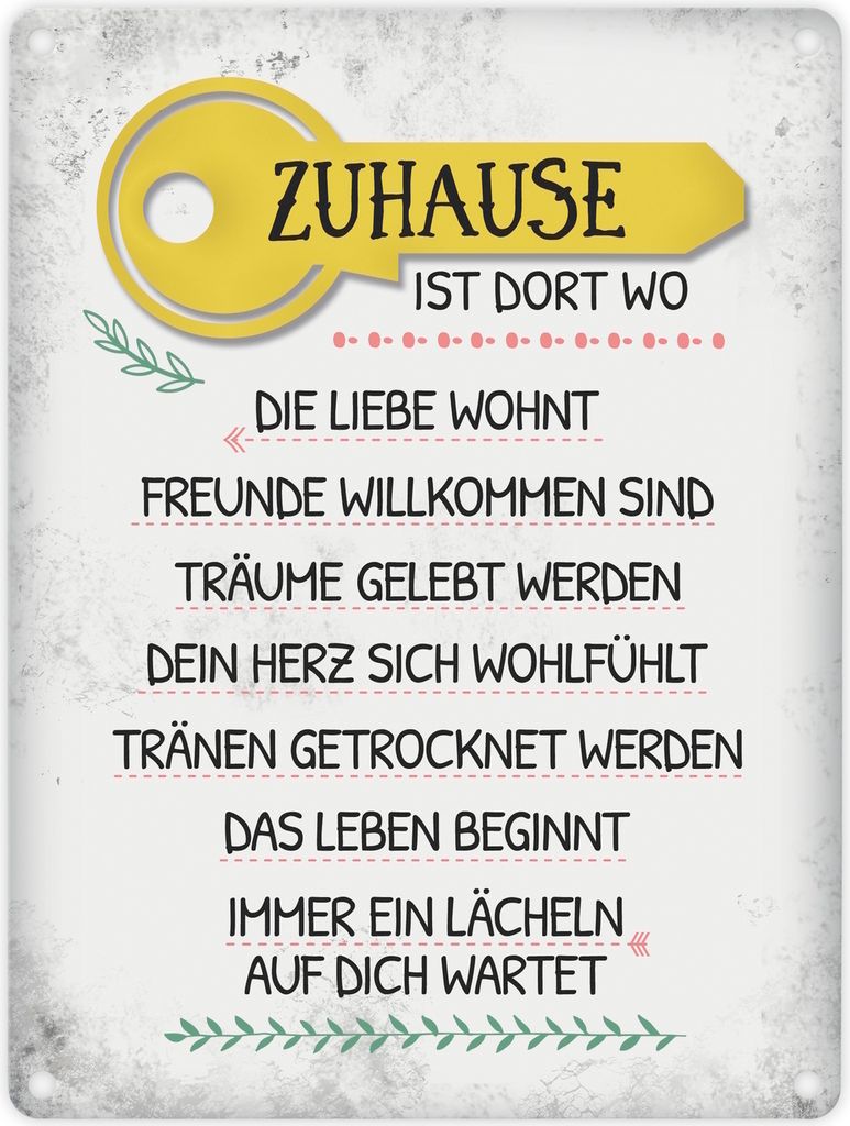 Zuhause ist dort Metallschild mit Schlüssel Motiv Familie Freunde Liebe Leben