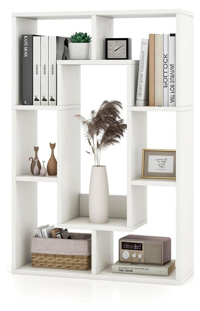 Bücherregal, Raumteiler mit 7 Fächern, 60 x 20 x 90 cm, Stehendes Holzregal für Wohnzimmer, Arbeitszimmer und Schlafzimmer (Weiß)