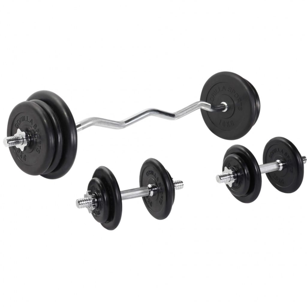 GORILLA SPORTS Hantelset - 70kg, SZ Curlstange 120cm, 2 Kurzhantelstangen, 14 Hantelscheiben, 30mm, aus Gusseisen, gummiert, 6 Sternverschlüssen...
