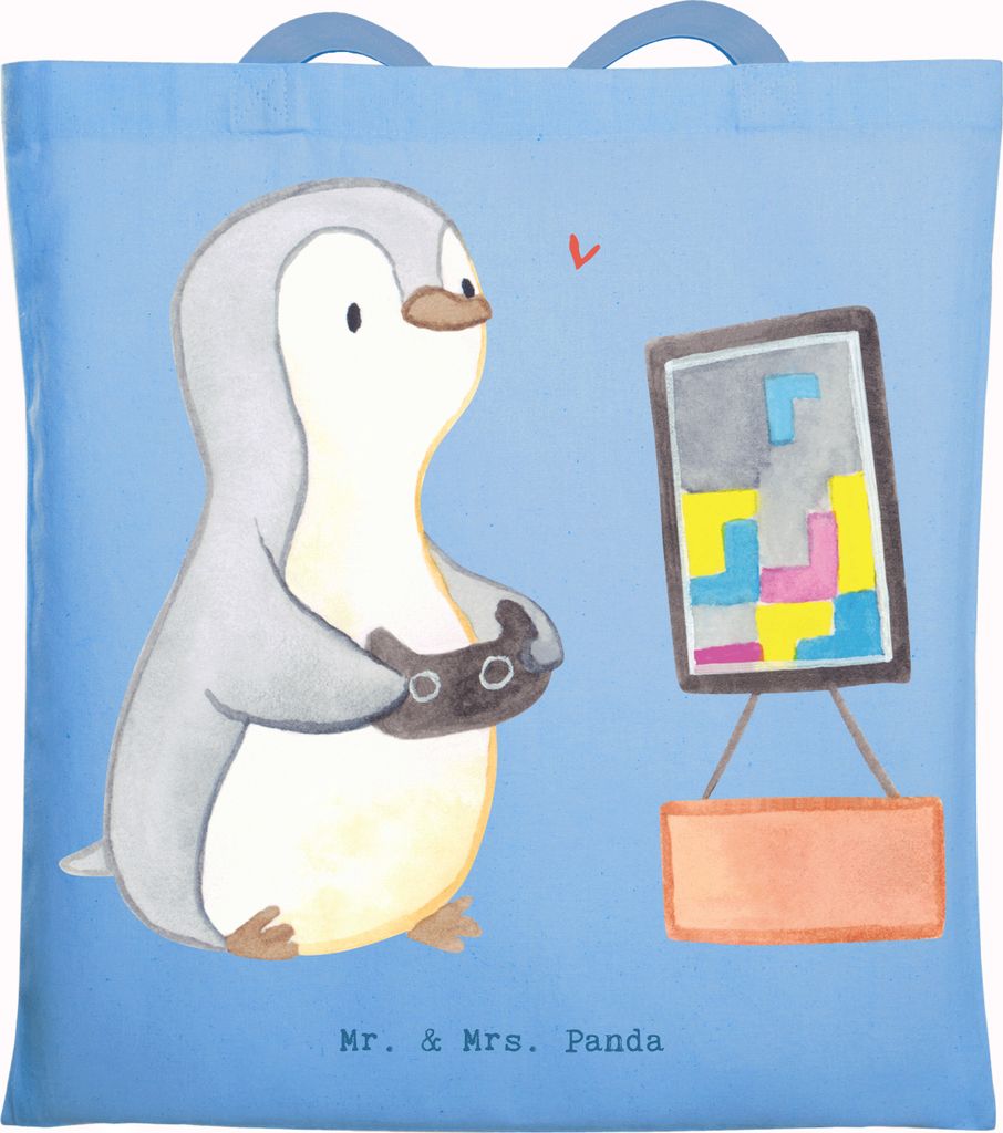 Mr. & Mrs. Panda Tote Bag Pinguin Zocken - Sky Blue - Geschenk, festivaltasche, Videogames, Tasche, Shopping, Laptoptasche, Uni, Gaming, Videospiele