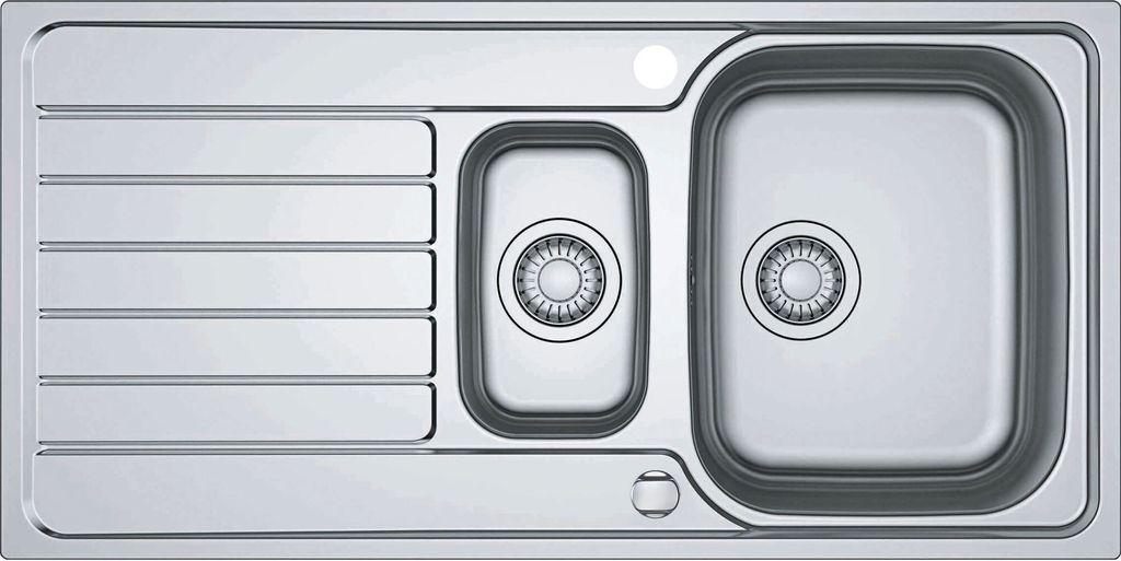 A top-down view of a stainless steel kitchen sink with two basins and a draining board.