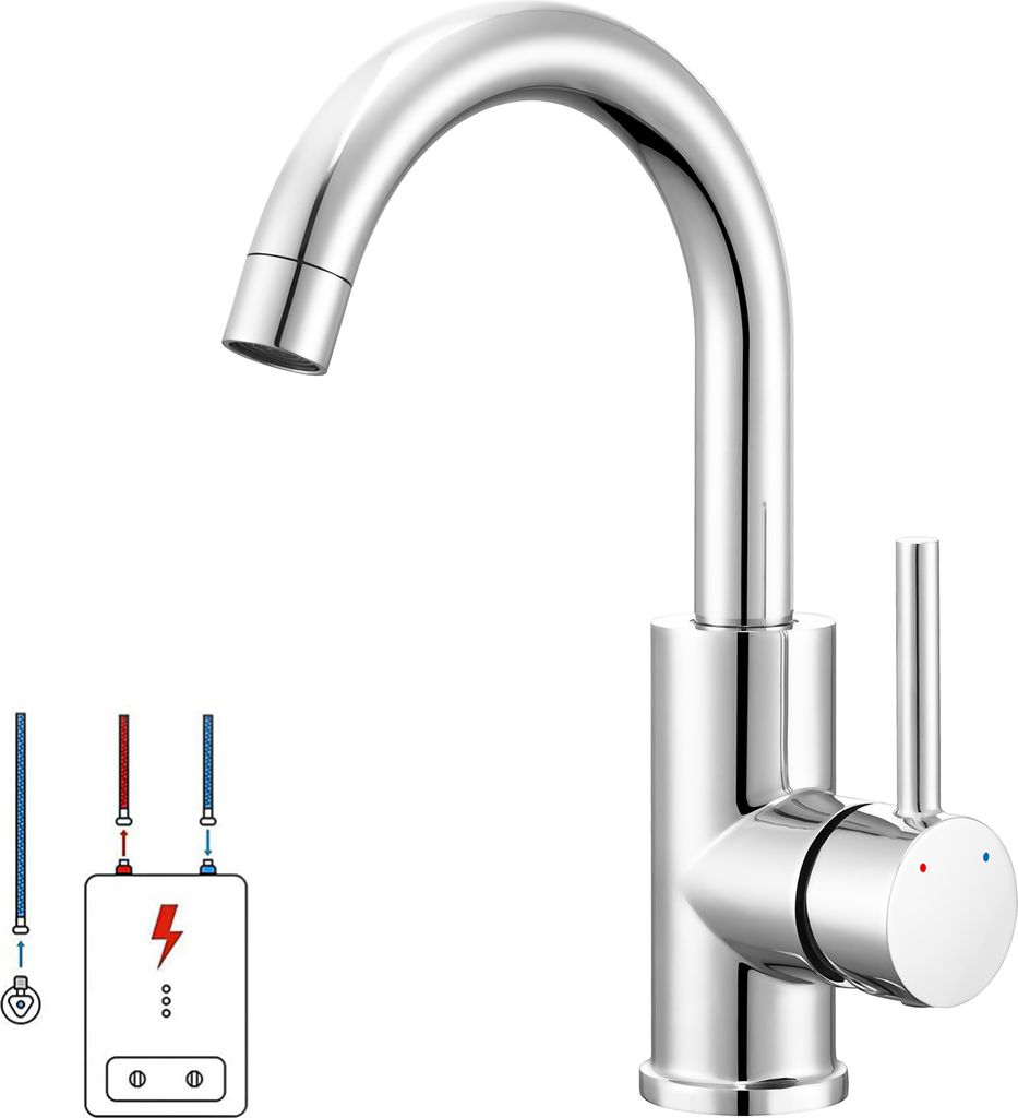 Auralum Niederdruck Wasserhahn Bad, 360° drehbare Waschtischarmatur Bad, Waschbecken Armatur mit hohem Auslauf, Mischbatterie für Badezimmer, Chrom