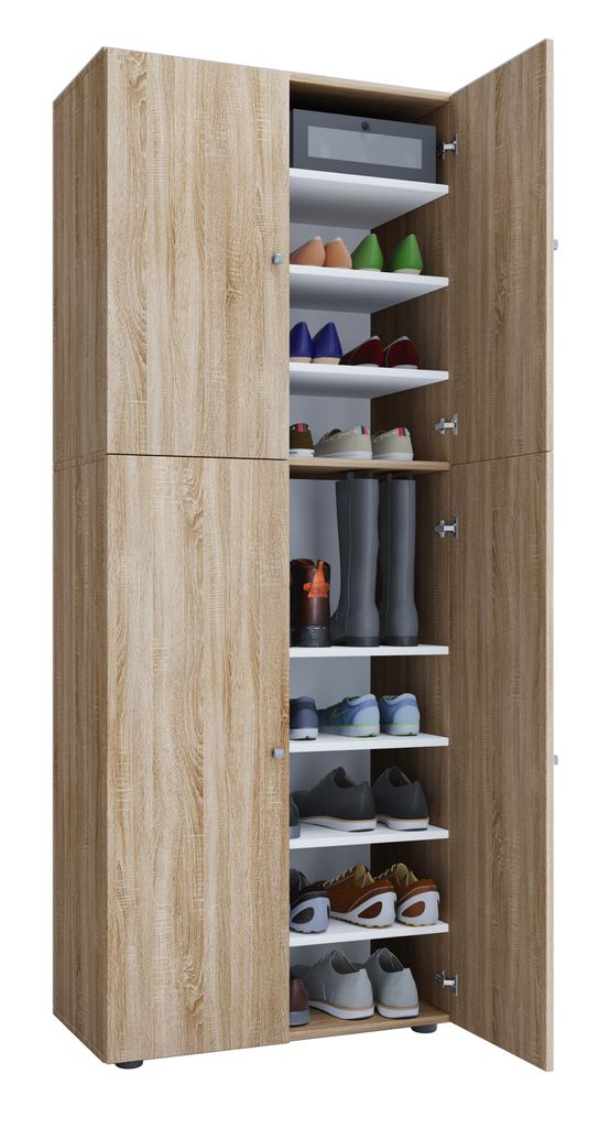 VCM Holz-Schuhschrank | Maße: B. 70 x H. 184 x T. 40 cm | Allzweckschrank | 9 Fächer | 4 Drehtüren - Lona