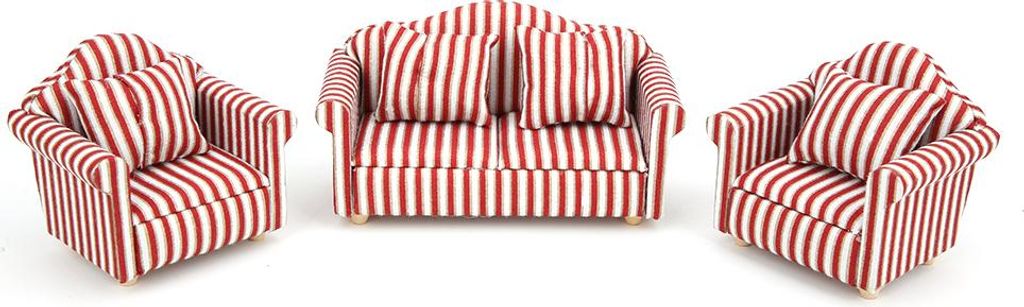 1:12 Mini Doll House Dekoration Orange Rot Gold gestreiftes 3-teiliges Sofa mit 4 Kissen