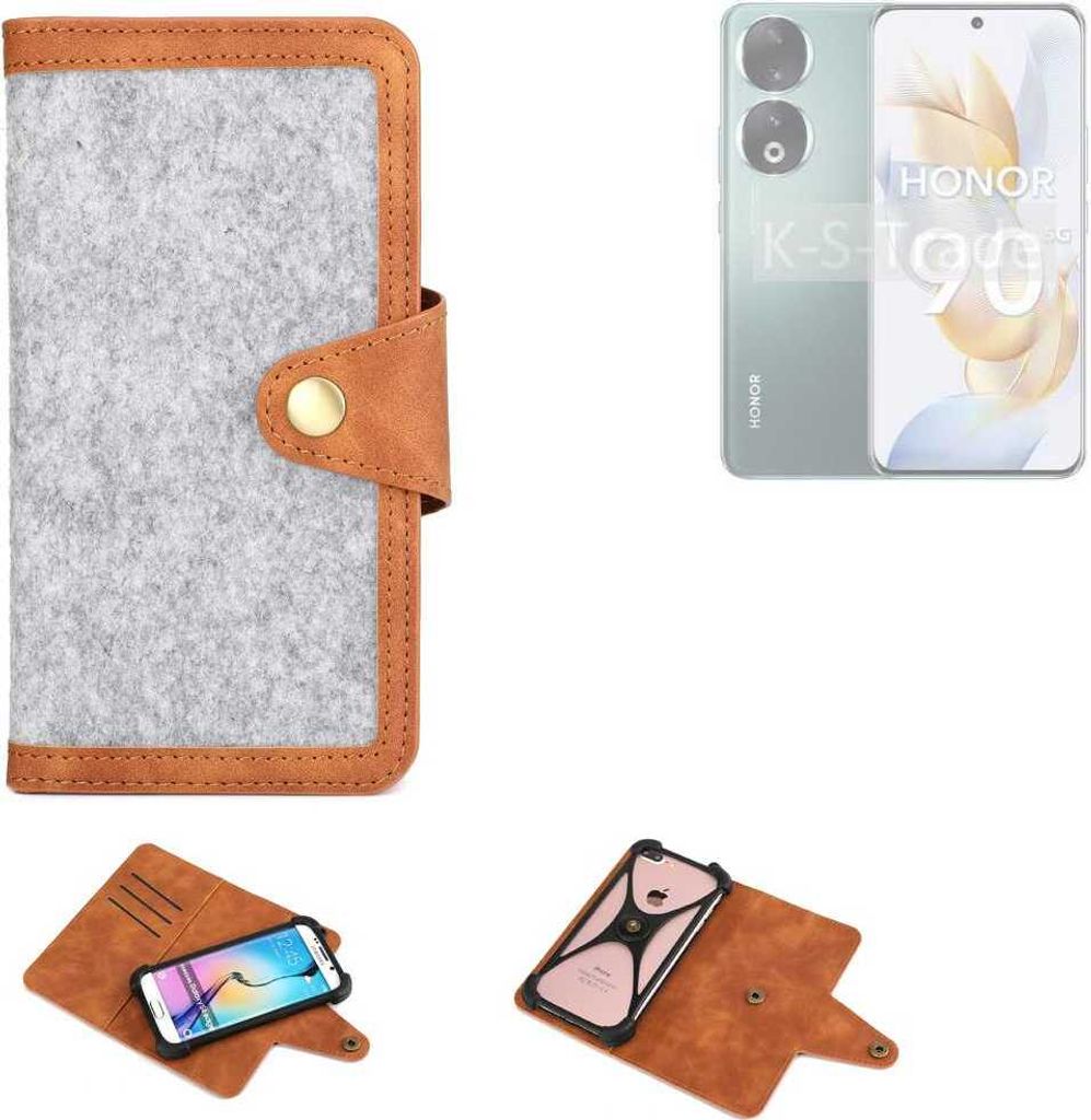 K-S-Trade Handyhülle kompatibel mit Honor 90 Schutzhülle Filz-Hülle Kunst-Leder hellgrau braun (1x)