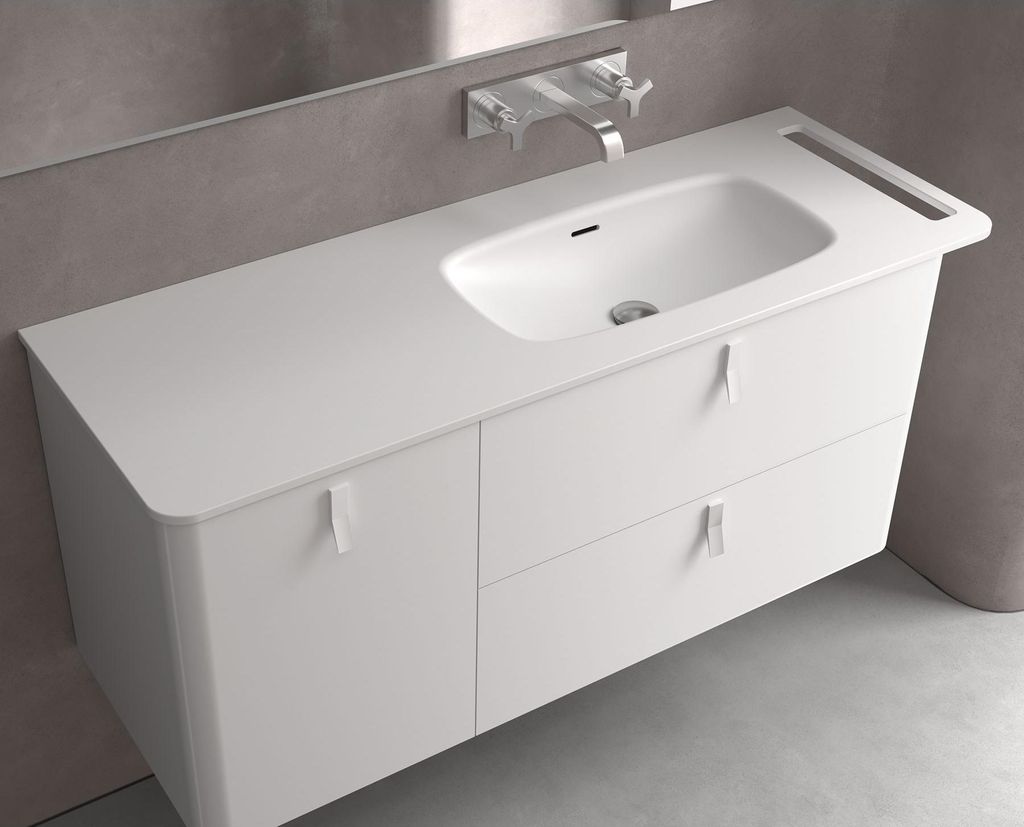 Salgar Waschtisch UNIIQ 990 schrankelement Wasserhahn optional, Handtuchhalter optional, ohne Siphon und Clickerabfluss SOLID SURFACE WEIß MATT 99...