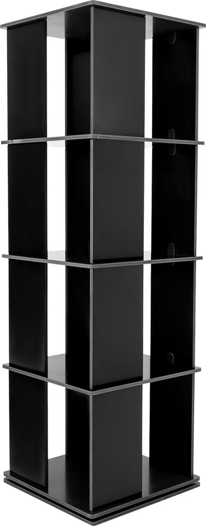 A black, four-tier rotating bookshelf.