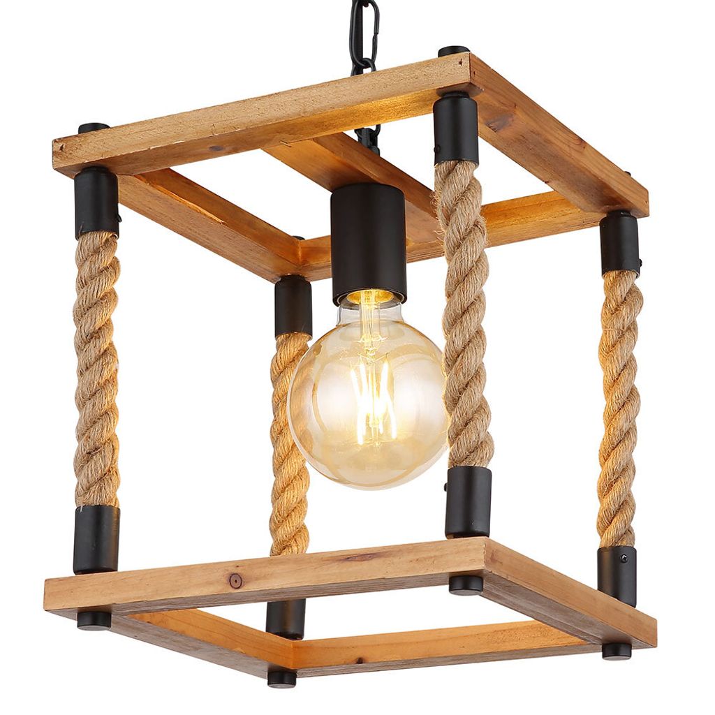 Pendelleuchte, Holz, Hanfseil, naturfarben, schwarz ,H 120 cm