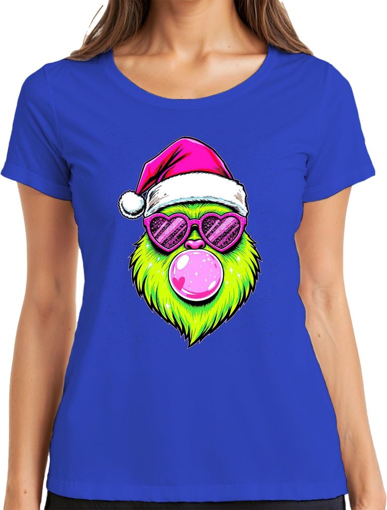 Grinch Weihnachten Bubblegum Herzbrille Neon Kawaii Santa PopArt Damen T-Shirt, Blau, XL