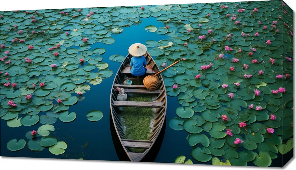Quadro 70x40 cm Barca tra i gigli acquatici