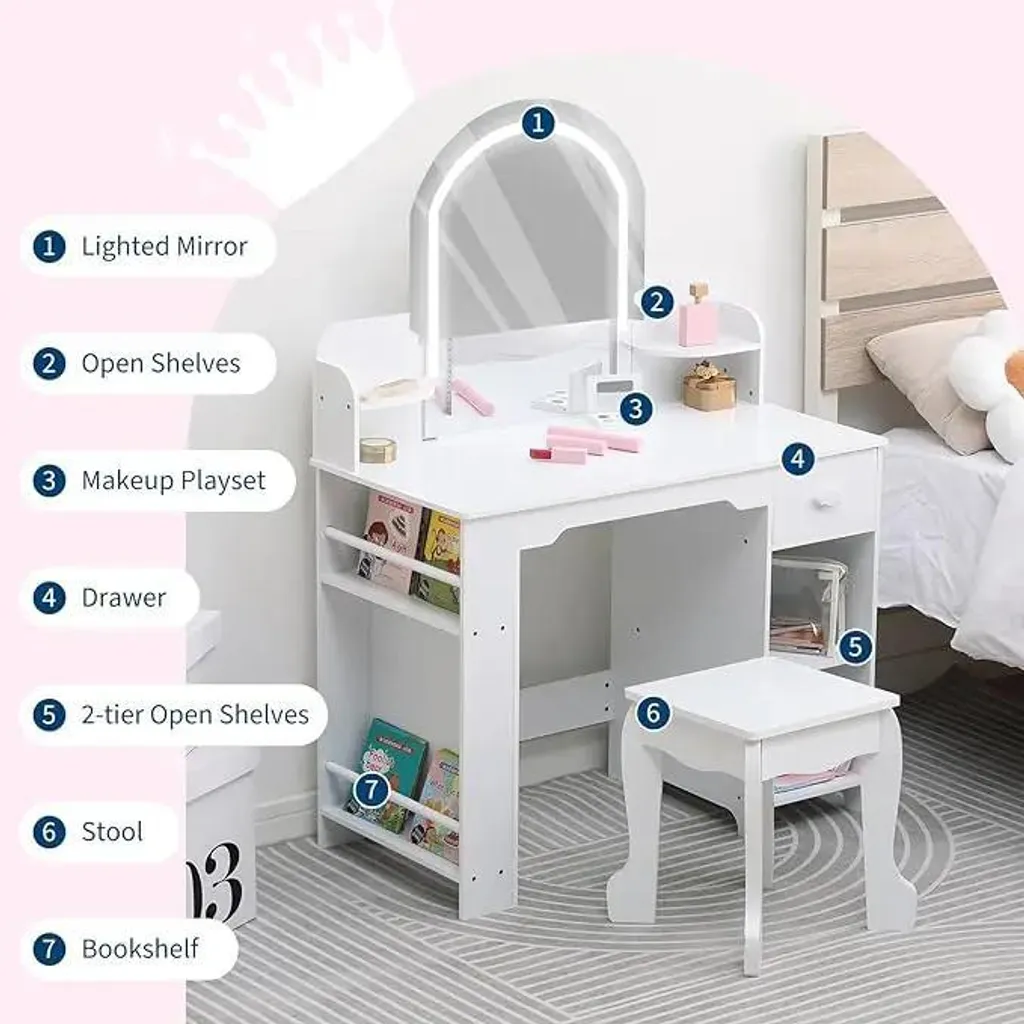 Coiffeuse pour enfants avec miroir éclairé et tabouret en bois vert