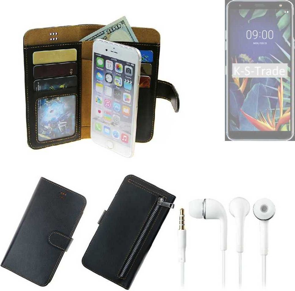 TOP SET Handy Hülle Schutz Hülle kompatibel mit LG Electronics K40 schwarz aus Kunstleder + Kopfhörer Smartphone Tasche vollwertige Geldbörse