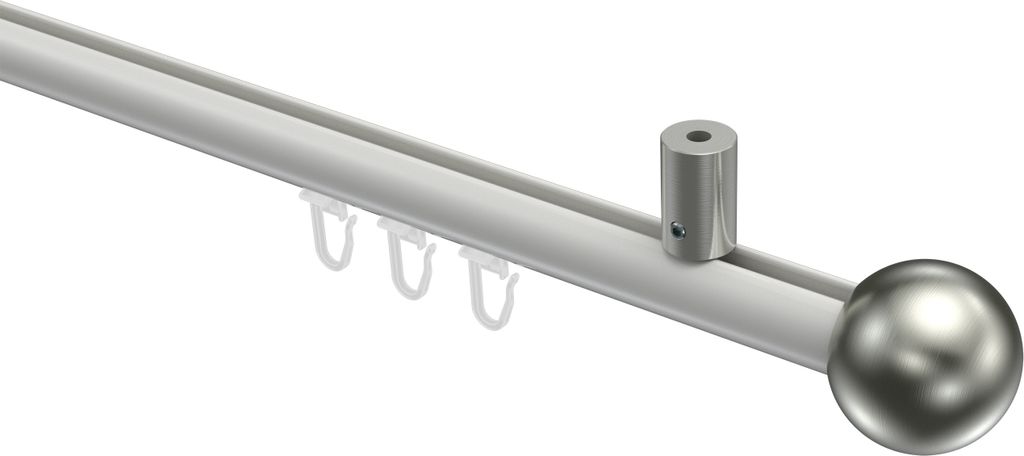 Interdeco Innenlaufstange / Gardinenstange mit Innenlauf Weiß / Edelstahl-Optik, Typ Sonius Luino (Kugel) Deckenmontage, 20 mm Ø 1-läufig, 200 cm