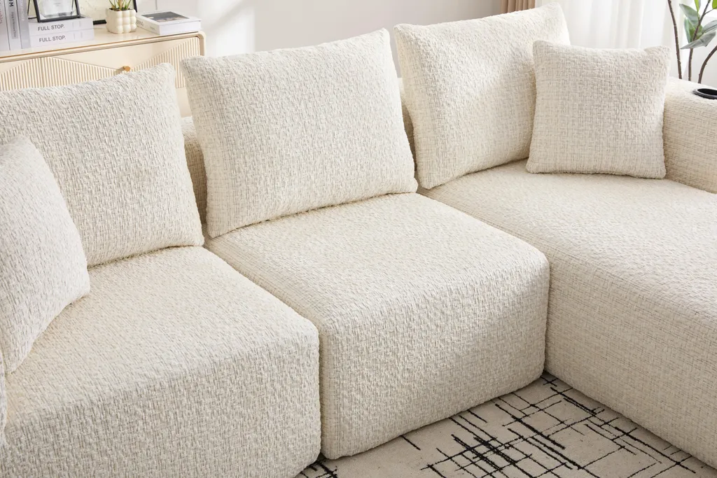 Canapé d'angle modulaire 261x165 cm en chenille beige avec mémoire de forme - 8