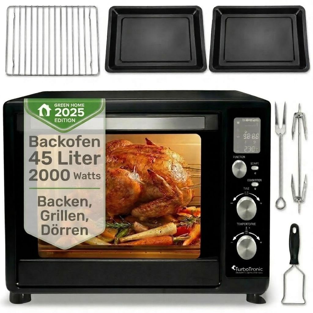 TurboTronic Minibackofen - DEV45 - mit Umluft und Drehspieß 45 Liter, Schwarz, inkl. 2x Backblech, 2000W Mini Tisch Backofen Camping Pizzaofen Kle...