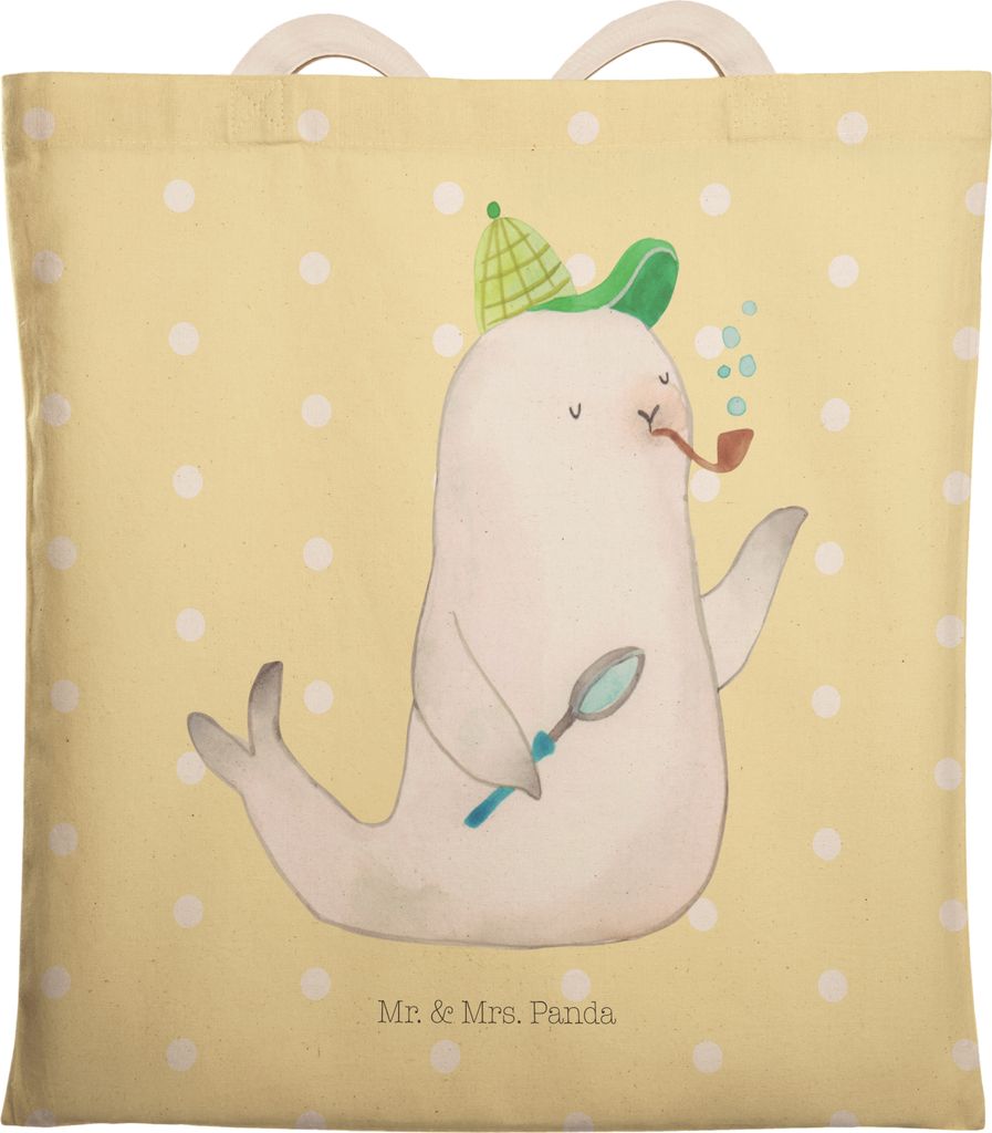 Mr. & Mrs. Panda Tote Bag Robbe Sherlock - Gelb Pastell - Geschenk, Stoffbeutel, shopping, Beutel, Tasche, Tragetasche Bedruckt, Gute Laune