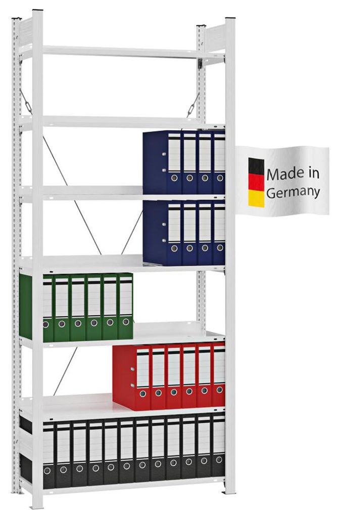PROREGAL Aktenregal Stecksystem MAGNUS Germany | HxBxT 235x100x30cm | 7 Ebenen | Fachlast 60kg | Einseitig nutzbar | Lichtgrau
