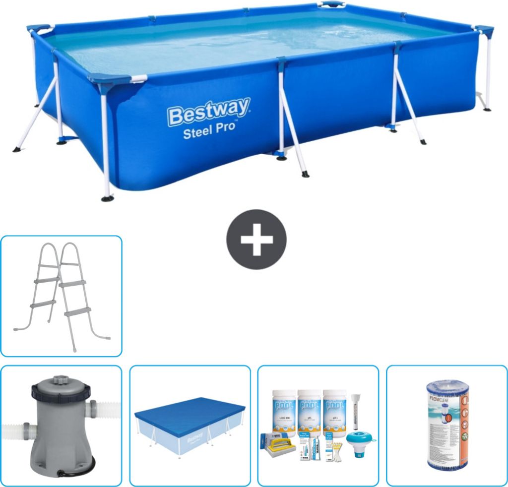 Bestway Rectangular Steel Pro Swimmingpool – 300 x 201 x 66 cm – Blau – inklusive Pumpe Abdeckung - Wartungspaket - Filter - Leiter