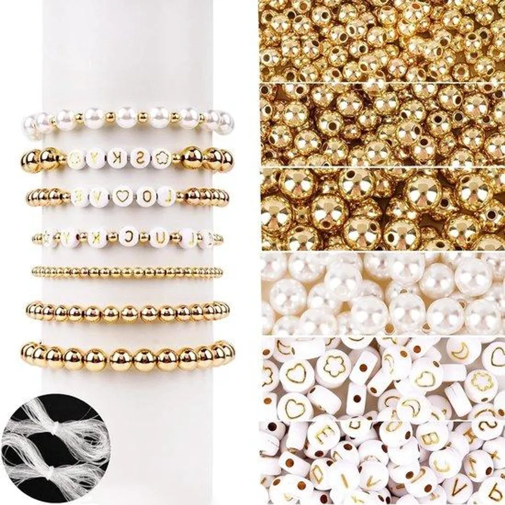 Perles alphabet rondes en acrylique blanc et or pour bracelets DIY x1600