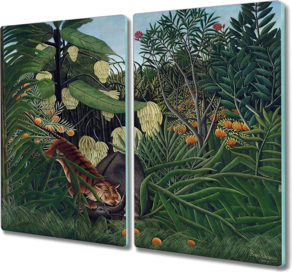 Coloray Hackbrett Kochplattenabdeckung Herdabdeckplatte 2x30x52 cm Schneidebrett Küchenbrett - Tiger Dschungel Obstbäume
