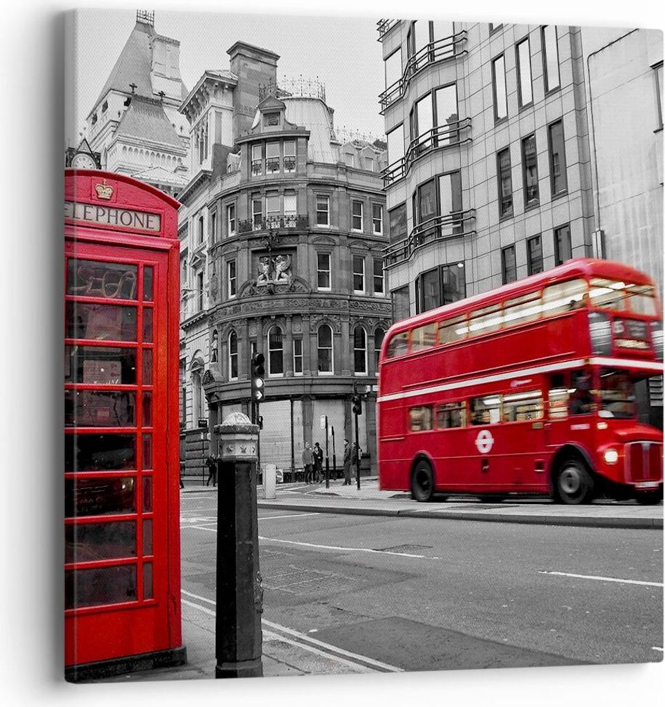 Bild auf Leinwand - Leinwandbild - Bus Telefon Straße - 40x40cm - Wand Bild - Wanddeko - Wandbilder - Leinwanddruck - Bilder - Kunstdruck - Wandde...